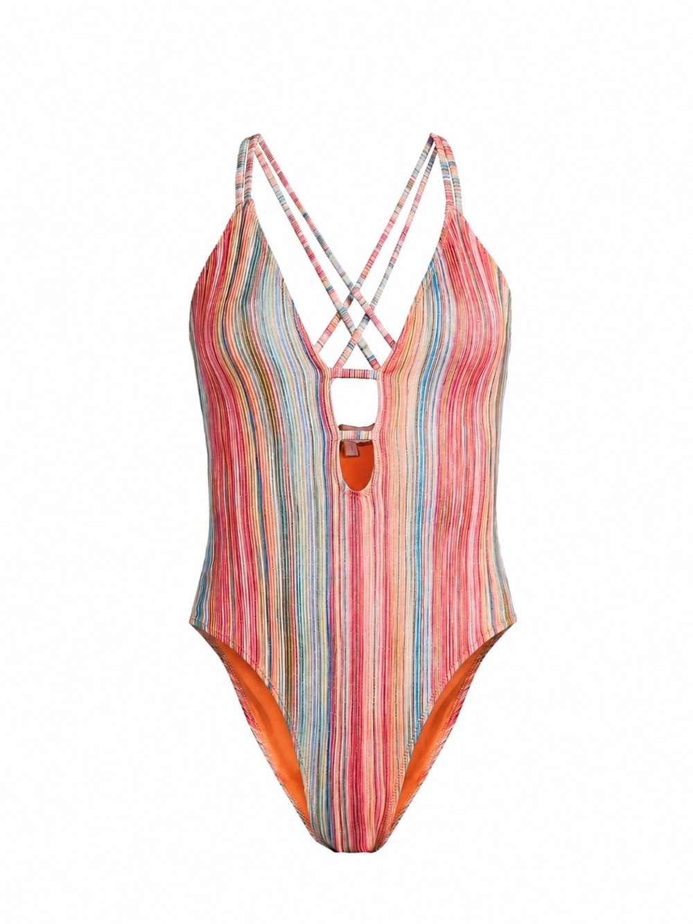 Ramy Brook Marina One Piece Swimsuit Vivid Orange Stripe Plunge Cutout Small